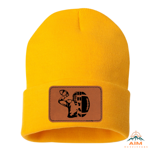 Custom Football Beanie with Personalized Leather Patch | Sportsman 12" Knit Hat
